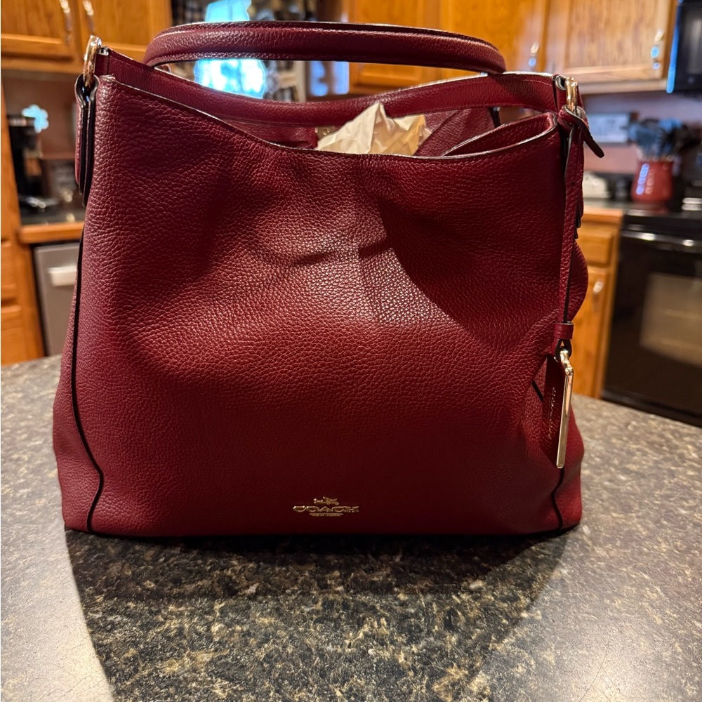 Coach Red Leather Hobo Shoulder Bag with Gold Accents